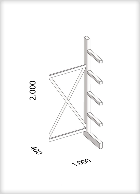 Kragarmregal als Anbauregal, leichte Ausführung, einseitig, (HxBxT) 2000 x 1000 x 400 mm, 4 Kragarme, Traglast: 220 kg, Gesamt: 1750 kg