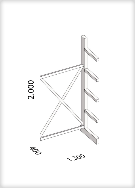 Kragarmregal als Anbauregal, leichte Ausführung, einseitig, (HxBxT) 2000 x 1300 x 400 mm, 4 Kragarme, Traglast: 220 kg, Gesamt: 1750 kg