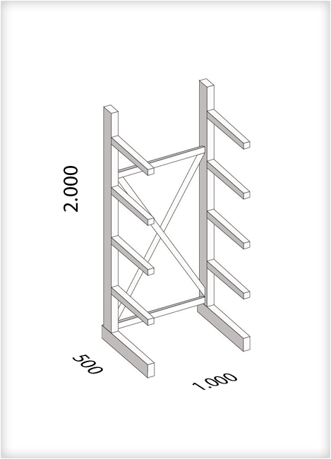 Kragarmregal als Grundregal, mittelschwere Ausführung, einseitig, (HxBxT) 2000 x 1000 x 500 mm, 8 Kragarme, Traglast: 430 kg, Gesamt: 2340 kg