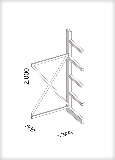 Kragarmregal als Anbauregal, leichte Ausführung, einseitig, (HxBxT) 2000 x 1300 x 500 mm, 4 Kragarme, Traglast: 175 kg, Gesamt: 1450 kg