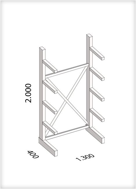 Kragarmregal als Grundregal, leichte Ausführung, einseitig, (HxBxT) 2000 x 1300 x 400 mm, 8 Kragarme, Traglast: 220 kg, Gesamt: 1750 kg