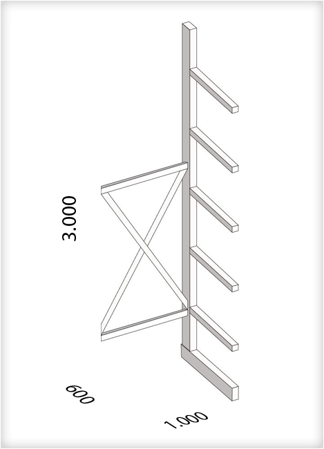 Kragarmregal als Anbauregal, mittelschwere Ausführung, einseitig, (HxBxT) 3000 x 1000 x 600 mm, 5 Kragarme, Traglast: 355 kg, Gesamt: 1750 kg