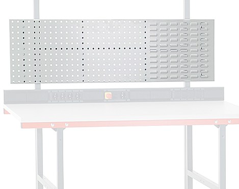 Loch/Schlitzblech-Rückwand, (BxH) 1500 x 450 mm, für Tischbreite 1600 mm, 1/3 Schlitzblech, 2/3 Lochblech