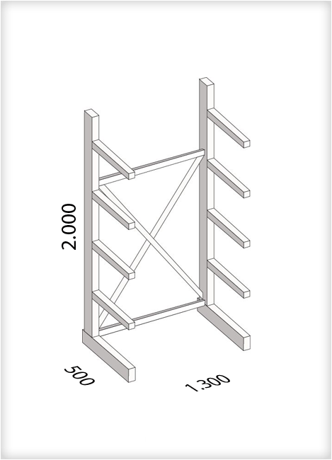 Kragarmregal als Grundregal, leichte Ausführung, einseitig, (HxBxT) 2000 x 1300 x 500 mm, 8 Kragarme, Traglast: 175 kg, Gesamt: 1450 kg