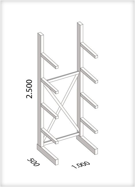 Kragarmregal als Grundregal, mittelschwere Ausführung, einseitig, (HxBxT) 2500 x 1000 x 500 mm, 8 Kragarme, Traglast: 430 kg, Gesamt: 2200 kg