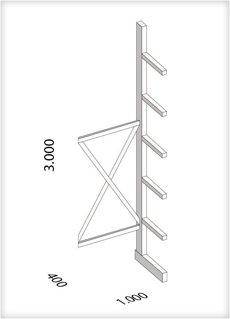 Kragarmregal als Anbauregal, mittelschwere Ausführung, einseitig, (HxBxT) 3000 x 1000 x 400 mm, 5 Kragarme, Traglast: 535 kg, Gesamt: 2300 kg