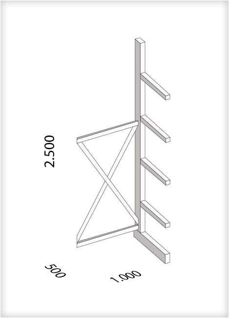 Kragarmregal als Anbauregal, mittelschwere Ausführung, einseitig, (HxBxT) 2500 x 1000 x 500 mm, 4 Kragarme, Traglast: 430 kg, Gesamt: 2200 kg