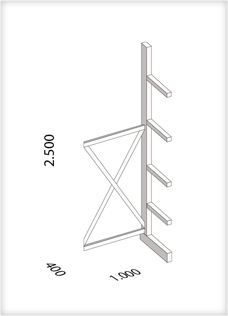 Kragarmregal als Anbauregal, mittelschwere Ausführung, einseitig, (HxBxT) 2500 x 1000 x 400 mm, 4 Kragarme, Traglast: 535 kg, Gesamt: 2500 kg