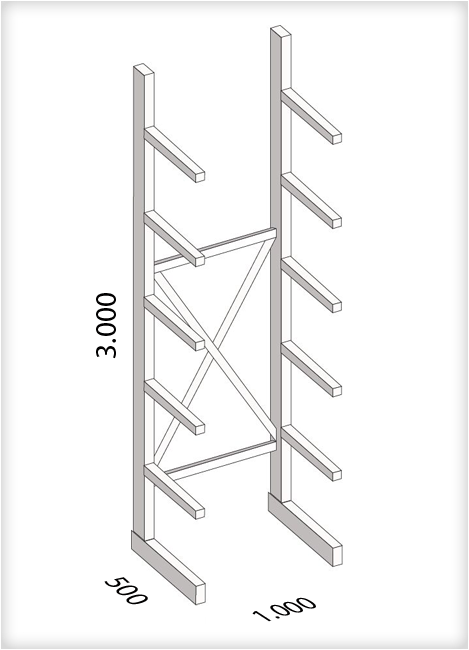 Kragarmregal als Grundregal, leichte Ausführung, einseitig, (HxBxT) 3000 x 1000 x 500 mm, 10 Kragarme, Traglast: 175 kg, Gesamt: 1200 kg