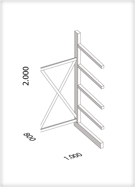 Kragarmregal als Anbauregal, mittelschwere Ausführung, einseitig, (HxBxT) 2000 x 1000 x 800 mm, 4 Kragarme, Traglast: 250 kg, Gesamt: 1650 kg