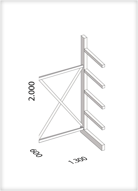 Kragarmregal als Anbauregal, leichte Ausführung, einseitig, (HxBxT) 2000 x 1300 x 600 mm, 4 Kragarme, Traglast: 140 kg, Gesamt: 1300 kg