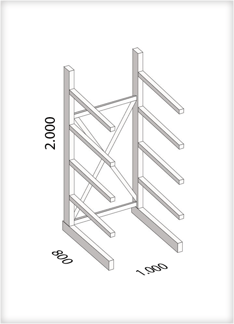 Kragarmregal als Grundregal, mittelschwere Ausführung, einseitig, (HxBxT) 2000 x 1000 x 800 mm, 8 Kragarme, Traglast: 250 kg, Gesamt: 1650 kg