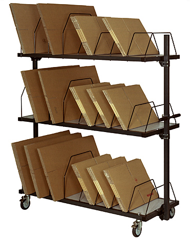 Kartonmagazin, fahrbar, kurze Ausführung, 3 Ebenen, mit Schiebebügel, (BxTxH) 1015 x 600 x 1860 mm, Tragfähigkeit: 300 kg, obere Etage: 50 kg 
