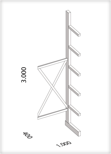 Kragarmregal als Anbauregal, leichte Ausführung, einseitig, (HxBxT) 3000 x 1000 x 400 mm, 5 Kragarme, Traglast: 220 kg, Gesamt: 1500 kg