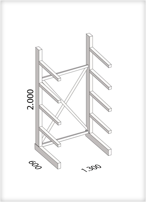 Kragarmregal als Grundregal, leichte Ausführung, einseitig, (HxBxT) 2000 x 1300 x 600 mm, 8 Kragarme, Traglast: 140 kg, Gesamt: 1300 kg
