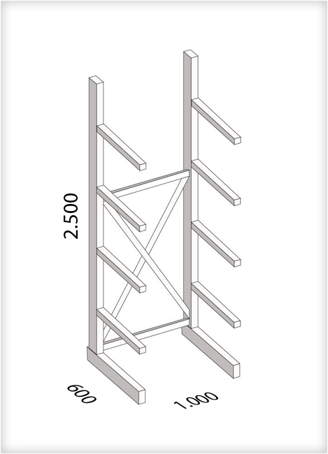 Kragarmregal als Grundregal, mittelschwere Ausführung, einseitig, (HxBxT) 2500 x 1000 x 600 mm, 8 Kragarme, Traglast: 355 kg, Gesamt: 1900 kg