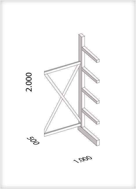 Kragarmregal als Anbauregal, leichte Ausführung, einseitig, (HxBxT) 2000 x 1000 x 500 mm, 4 Kragarme, Traglast: 175 kg, Gesamt: 1450 kg