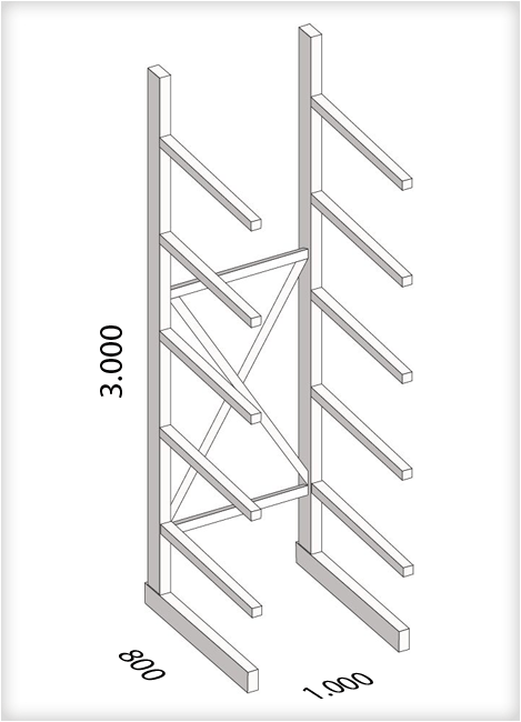 Kragarmregal als Grundregal, mittelschwere Ausführung, einseitig, (HxBxT) 3000 x 1000 x 800 mm, 10 Kragarme, Traglast: 250 kg, Gesamt: 1250 kg