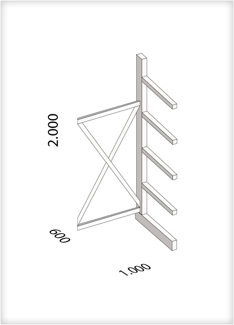 Kragarmregal als Anbauregal, mittelschwere Ausführung, einseitig, (HxBxT) 2000 x 1000 x 600 mm, 4 Kragarme, Traglast: 355 kg, Gesamt: 2000 kg
