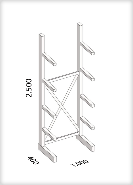 Kragarmregal als Grundregal, mittelschwere Ausführung, einseitig, (HxBxT) 2500 x 1000 x 400 mm, 8 Kragarme, Traglast: 535 kg, Gesamt: 2500 kg