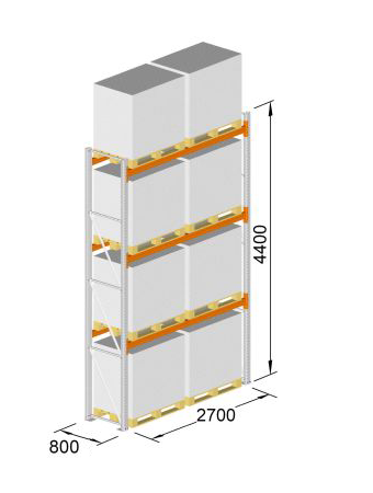 Palettenregal als Grundregal, (HxBxT) 4400 x 2700 x 800 mm, Fachlast: 1500 kg, Feldlast: 5500 kg 
