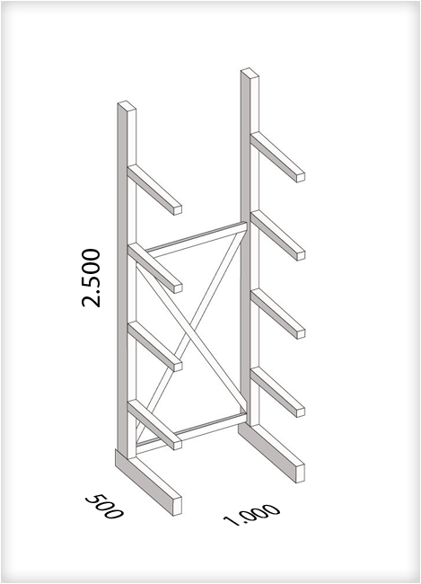 Kragarmregal als Grundregal, leichte Ausführung, einseitig, (HxBxT) 2500 x 1000 x 500 mm, 8 Kragarme, Traglast: 175 kg, Gesamt: 1300 kg
