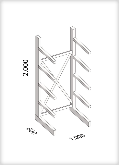 Kragarmregal als Grundregal, mittelschwere Ausführung, einseitig, (HxBxT) 2000 x 1000 x 600 mm, 8 Kragarme, Traglast: 355 kg, Gesamt: 2000 kg
