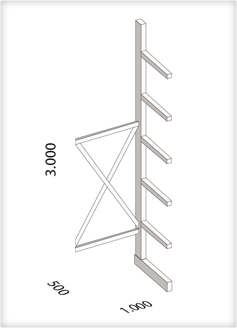 Kragarmregal als Anbauregal, mittelschwere Ausführung, einseitig, (HxBxT) 3000 x 1000 x 500 mm, 5 Kragarme, Traglast: 430 kg, Gesamt: 2200 kg