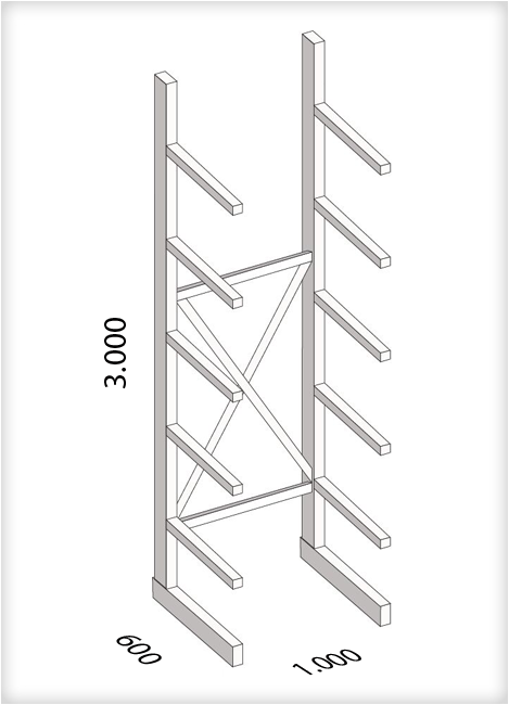 Kragarmregal als Grundregal, mittelschwere Ausführung, einseitig, (HxBxT) 3000 x 1000 x 600 mm, 10 Kragarme, Traglast: 355 kg, Gesamt: 1750 kg