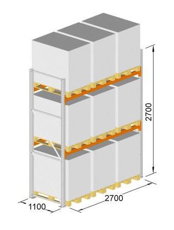 Palettenregal als Grundregal, (HxBxT) 2700 x 2700 x 1100 mm, Fachlast: 1500 kg, Feldlast: 3700 kg 