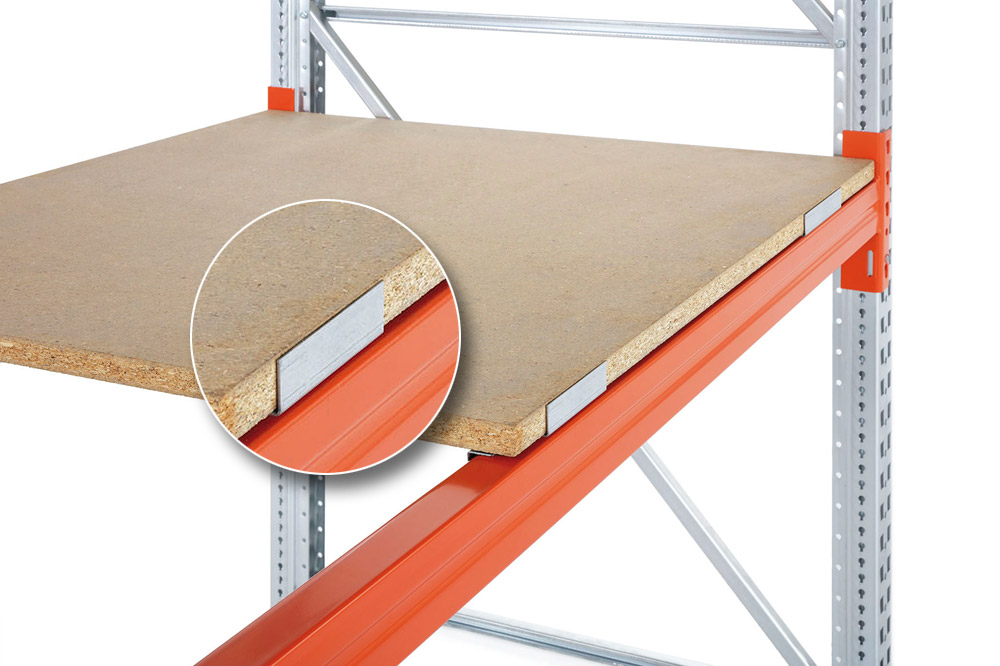 Spanplattenboden für Palettenregal mit Zentrierblech 3.600 x 1.100 mm (B x T), Plattenstärke 38 mm 