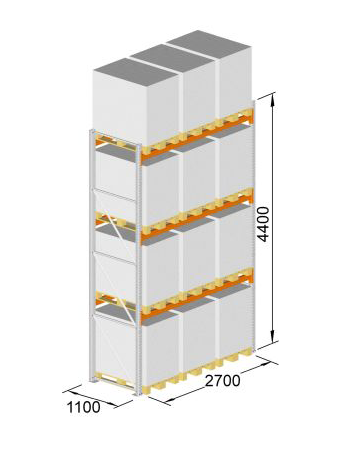 Palettenregal als Grundregal, (HxBxT) 4400 x 2700 x 1100 mm, Fachlast: 2400 kg, Feldlast: 7500 kg