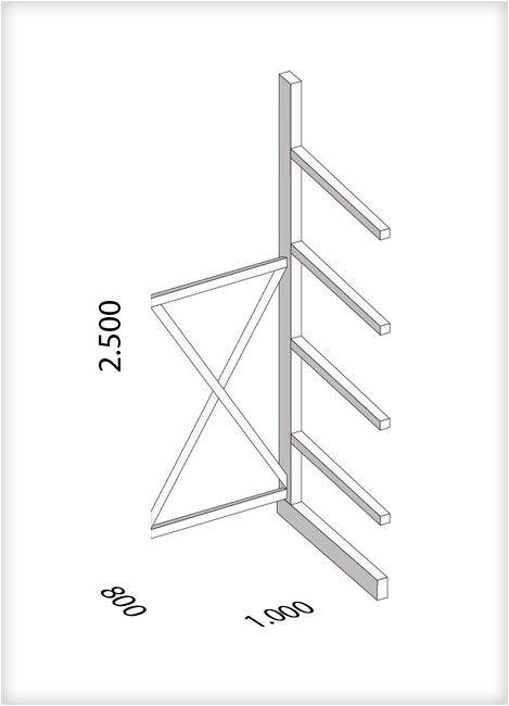 Kragarmregal als Anbauregal, mittelschwere Ausführung, einseitig, (HxBxT) 2500 x 1000 x 800 mm, 4 Kragarme, Traglast: 250 kg, Gesamt: 1500 kg