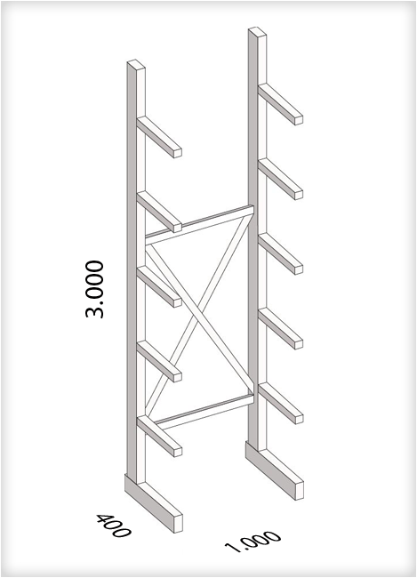 Kragarmregal als Grundregal, leichte Ausführung, einseitig, (HxBxT) 3000 x 1000 x 400 mm, 10 Kragarme, Traglast: 220 kg, Gesamt: 1500 kg
