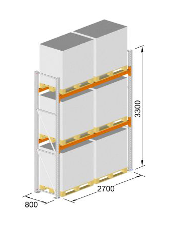 Palettenregal als Grundregal, (HxBxT) 3300 x 2700 x 800 mm, Fachlast: 2400 kg, Feldlast: 5800 kg 
