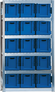 Eurokastenregal als Grundregal, (HxBxT) 2075 x 1285 x 600 mm, mit 6 Fachebenen inklusive 15 Kästen