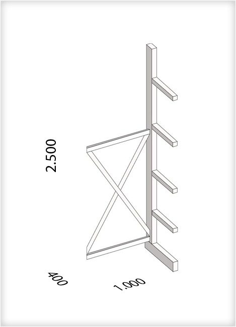 Kragarmregal als Anbauregal, leichte Ausführung, einseitig, (HxBxT) 2500 x 1000 x 400 mm, 4 Kragarme, Traglast: 220 kg, Gesamt: 1610 kg