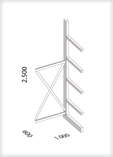Kragarmregal als Anbauregal, mittelschwere Ausführung, einseitig, (HxBxT) 2500 x 1000 x 600 mm, 4 Kragarme, Traglast: 355 kg, Gesamt: 1900 kg