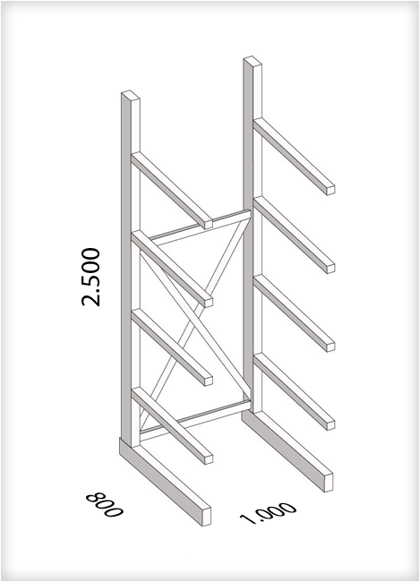 Kragarmregal als Grundregal, mittelschwere Ausführung, einseitig, (HxBxT) 2500 x 1000 x 800 mm, 8 Kragarme, Traglast: 250 kg, Gesamt: 1500 kg