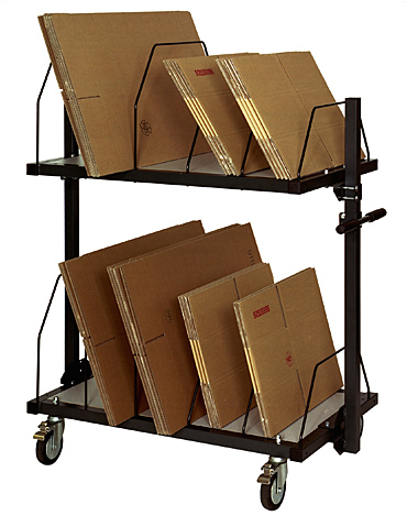 Kartonmagazin, fahrbar, lange Ausführung, 2 Ebenen, mit Schiebebügel, (BxTxH) 1600 x 600 x 1260 mm, Tragfähigkeit: 300 kg, obere Etage: 50 kg