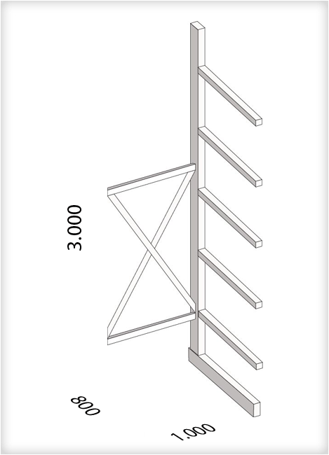 Kragarmregal als Anbauregal, mittelschwere Ausführung, einseitig, (HxBxT) 3000 x 1000 x 800 mm, 5 Kragarme, Traglast: 250 kg, Gesamt: 1250 kg