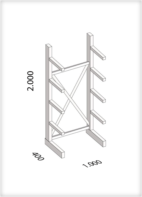 Kragarmregal als Grundregal, leichte Ausführung, einseitig, (HxBxT) 2000 x 1000 x 400 mm, 8 Kragarme, Traglast: 220 kg, Gesamt: 1750 kg