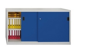 Schiebetürenschrank Profi, (HxBxT) 1000 x 1500 x 400 mm, mitTrennwand, je Seite zwei Einlegeböden, verzinkt, Zylinderschloss