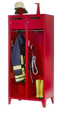 Feuerwehrschrank, 4 Abteile, Abteilbreite: 400 mm, mit Füßen, Zylinderschloss, oberes Schließfach mit Einwurfschlitz